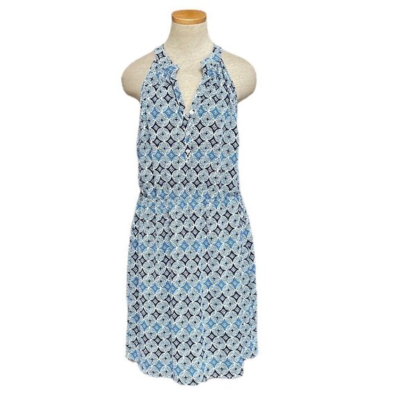 Mud Pie Blouson Dress NWT Buttons Midi Sleeveless Geometric Blue Size Large L - Picture 1 of 16